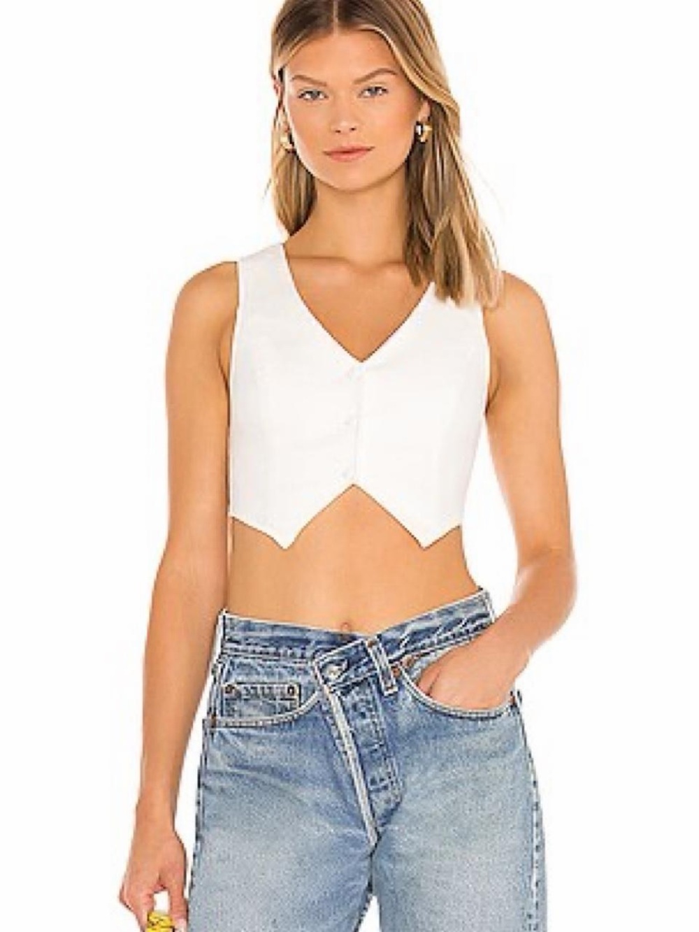 White V-Neck Cropped Button Front Tank Top